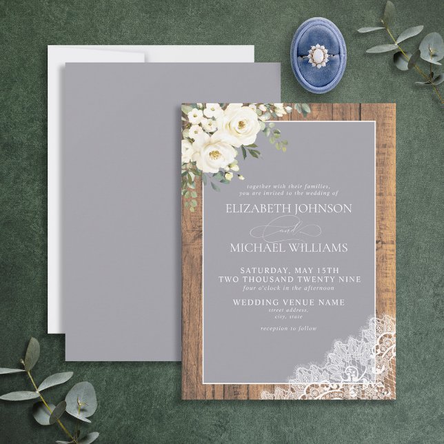 Formal Gray Rustic Wood Lace Script Wedding Invitation (Creator Uploaded)