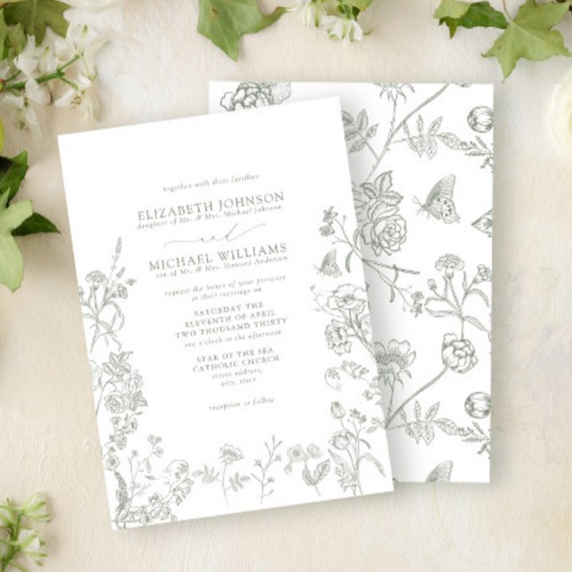 Formal Green Chinoiserie Victorian Floral Wedding Invitation (Creator Uploaded)