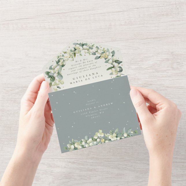 Formal Green/Cream Snowberry+Eucalyptus Wedding All In One Invitation (Opening)
