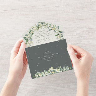 Formal Green/Cream Snowberry+Eucalyptus Wedding All In One Invitation