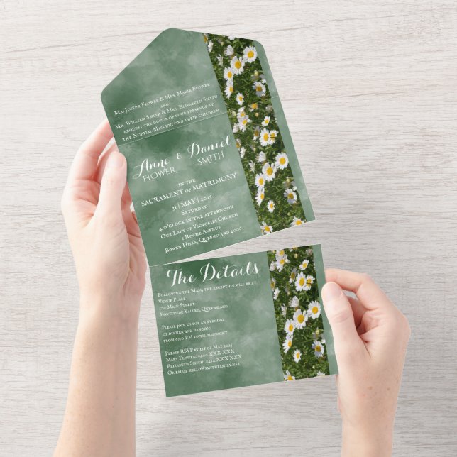 Formal Green Daisies All in One Wedding Invite (Tearaway)