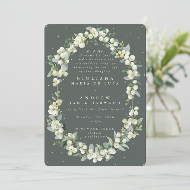 Formal Green Snowberry+Eucalyptus Reception Only I Invitation (Standing Front)