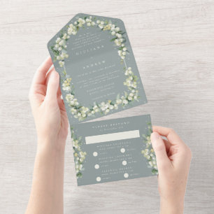 Formal Green Snowberry+Eucalyptus Winter Wedding All In One Invitation