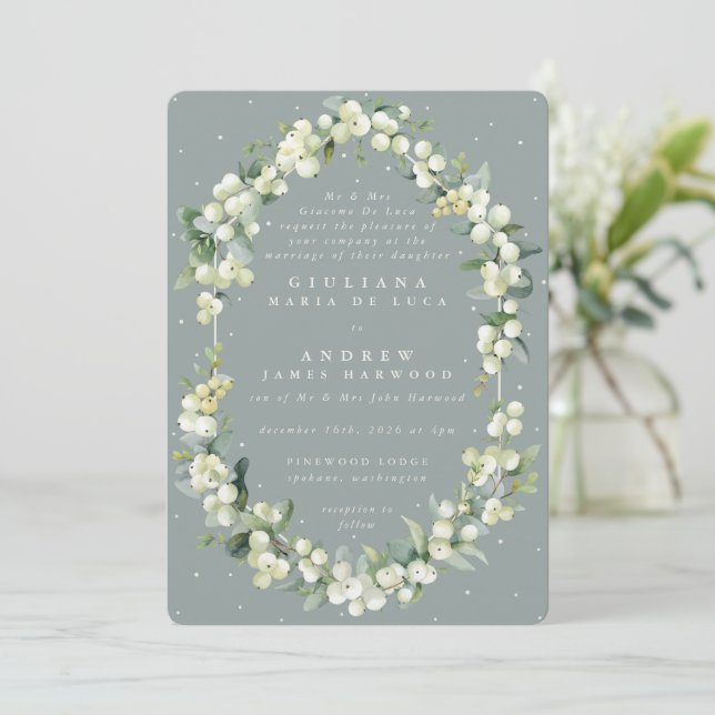 Formal Green Snowberry+Eucalyptus Winter Wedding Invitation (Standing Front)