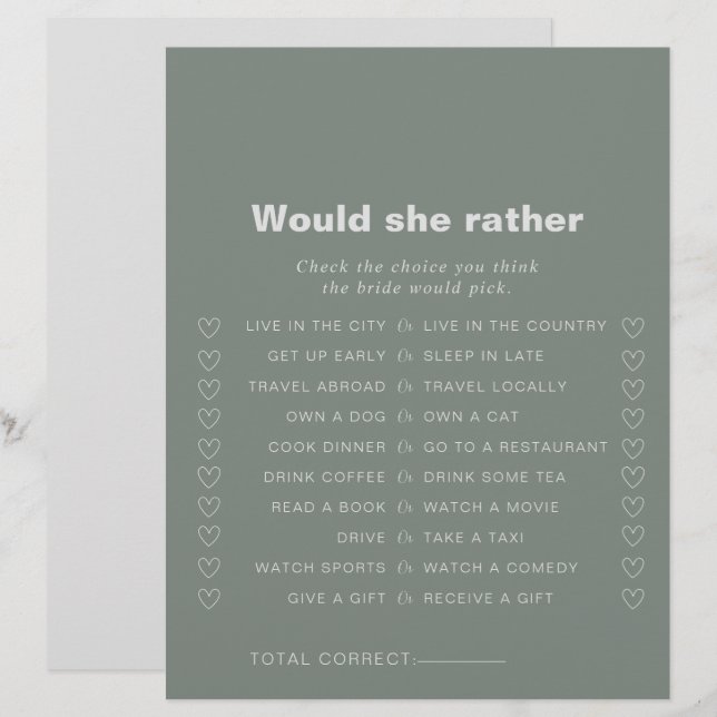 Formal Green Would She Rather Bridal Shower Game (Front/Back)