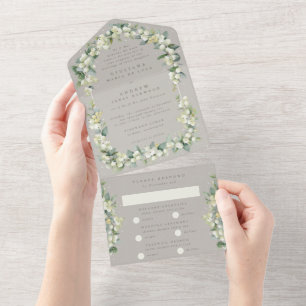 Formal Greige Snowberry+Eucalyptus Wedding All In One Invitation