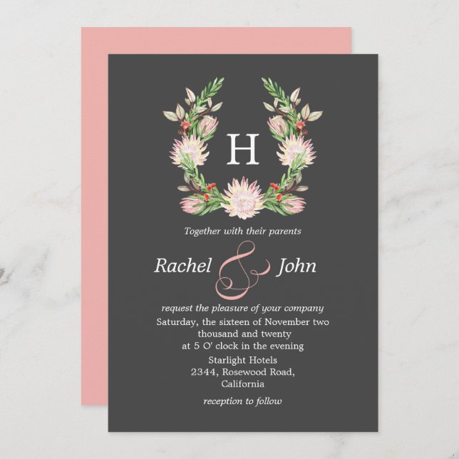 Formal Grey Australian Floral Monogram Wedding Invitation (Front/Back)