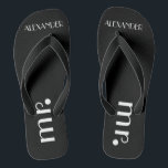 Formal Grooms Wedding Personalised Flip Flops<br><div class="desc">A cute addition to your beach or poolside wedding! Black flip flops with the word "Mr." and the grooms name are personalised. To see matching brides flip flops- Please visit my store "The Hungarican Princess" at www.zazzle.com/hungaricanprincess*. Look in my "Flip Flops" department category. Congratulations!</div>