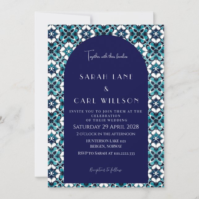 Formal Groovy Spanish Tile Elegance Wedding Bliss Invitation (Front)