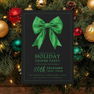 Formal Holiday Dinner Party Green Satin Bow Black  Invitation