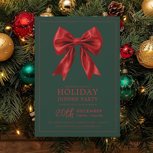 Formal Holiday Dinner Party Red Satin Bow Green Invitation (Formal Holiday Dinner Party Red Satin Bow Green Invitation)