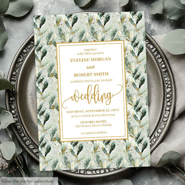 Formal Hunter Green Gold Foliage Wedding Invite (Formal Hunter Green Gold Foliage Wedding Invitation)
