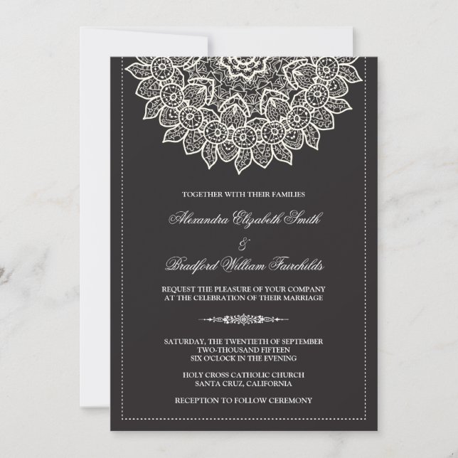 Formal Lace Doily Wedding Invitation (black) (Front)