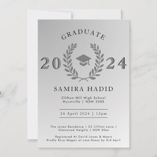 Formal Laurel Wreath Silver Graduation Cap Party Invitation (Front)
