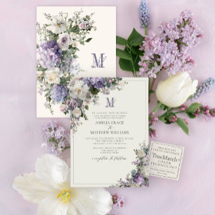 Formal Lavender Hydrangea Floral Monogram Wedding Invitation