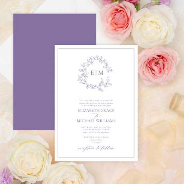 Formal Lavender Leafy Crest Monogram Wedding Invitation (Creator Uploaded)