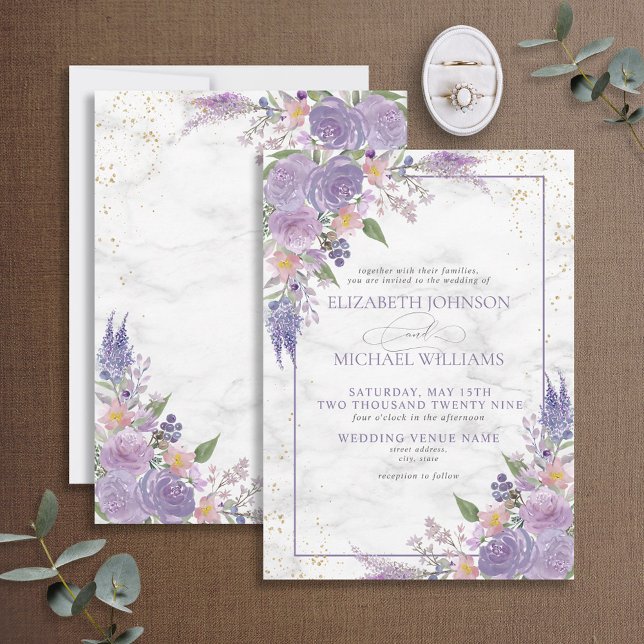Formal Lavender Lilac Marble Gold Floral Wedding Invitation (Creator Uploaded)