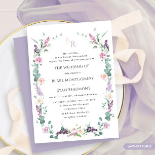 Formal Lavender Purple Floral Monogram Wedding Invitation