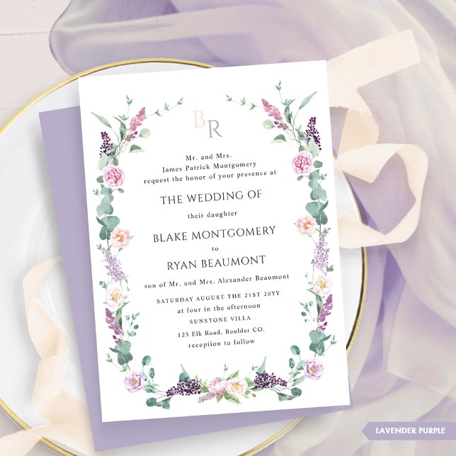 Formal Lavender Purple Floral Monogram Wedding Invitation (Creator Uploaded)