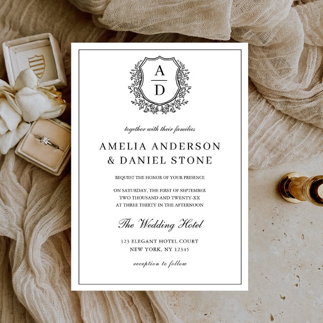 Formal Leafy Crest Monogram Wedding Elegant Invitation (Creator Uploaded)