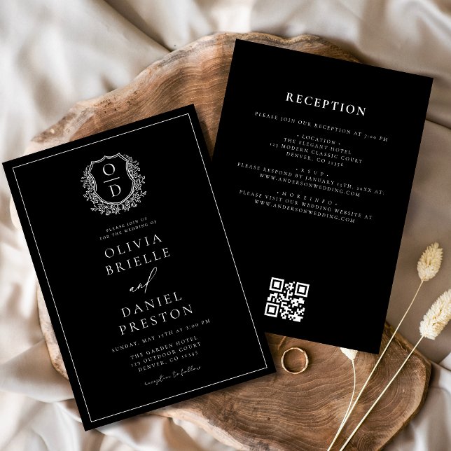 Formal Leafy Crest Monogram Wedding QR Code Invitation (Creator Uploaded)