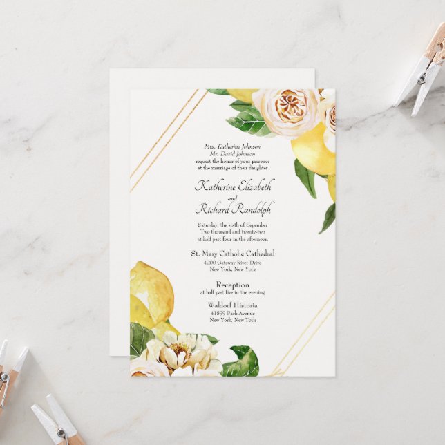 Formal Lemons & Peonies Cream Parents Wedding Invitation (Front/Back In Situ)