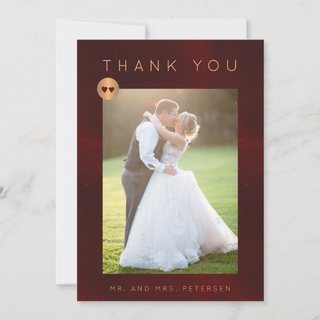 Formal luxury burgundy gold floral wedding photo thank you card (Front)