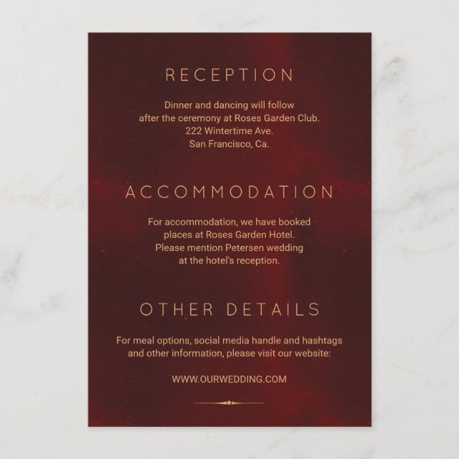 Formal luxury burgundy gold wedding guests details enclosure card (Front)