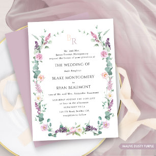 Formal Mauve Purple Pastel Floral Monogram Wedding Invitation