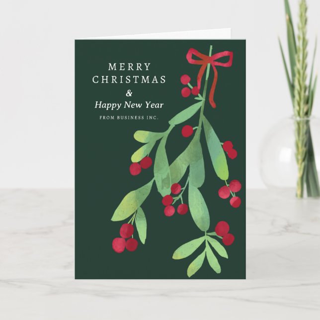 Formal Merry Christmas Mistletoe Corporate Green  Holiday Card (Front)