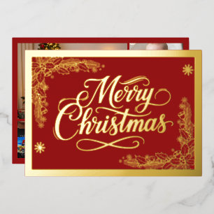 Formal Merry Christmas red and 6 photos Gold Foil Holiday Card