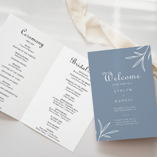Formal Minimal Dusty Blue Folded Wedding  Programme