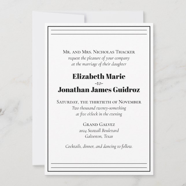 Formal Minimalist Black & White Wedding Invitation (Front)