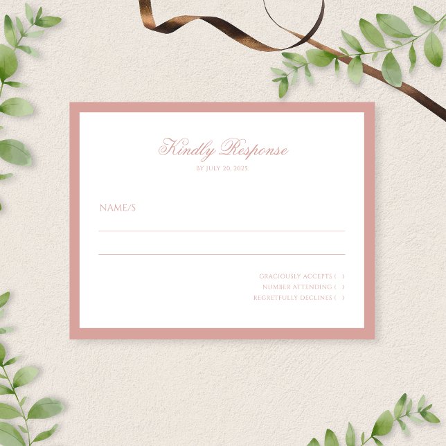 Formal Minimalist Dusty Rose Border Script Wedding RSVP Card (Creator Uploaded)