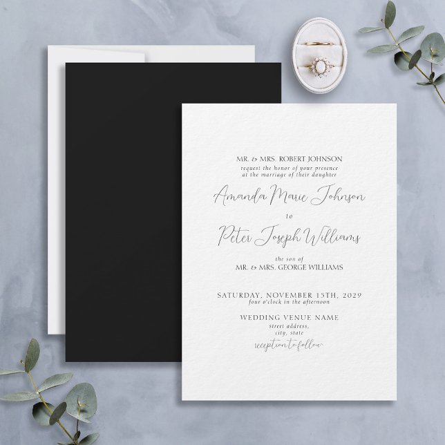 Formal Modern Calligraphy Black & White Wedding Invitation (Creator Uploaded)