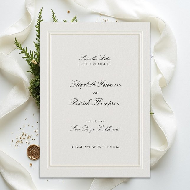 Formal Modern Classic Elegant Frame Ecru Wedding Save The Date (modern classic wedding invitation double frame elevated ecru formal traditional calligraphy)