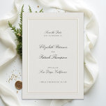 Formal Modern Classic Elevated Frame Ecru Wedding Save The Date<br><div class="desc">Announce your wedding with timeless sophistication using this Elevated Wedding Save the Date, featuring a beautifully refined double frame that adds graceful structure and depth. Designed on a soft, ecru background with a delicate watercolor paper texture, this piece evokes classic elegance and understated luxury. The flowing calligraphy script and balanced...</div>