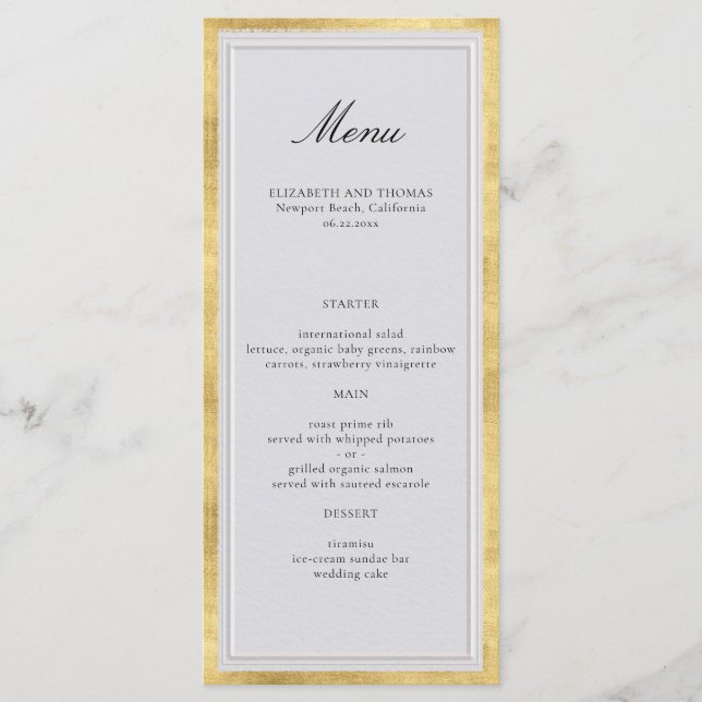 Formal Modern Classic Elevated Gold Ivory Wedding Menu (Front)
