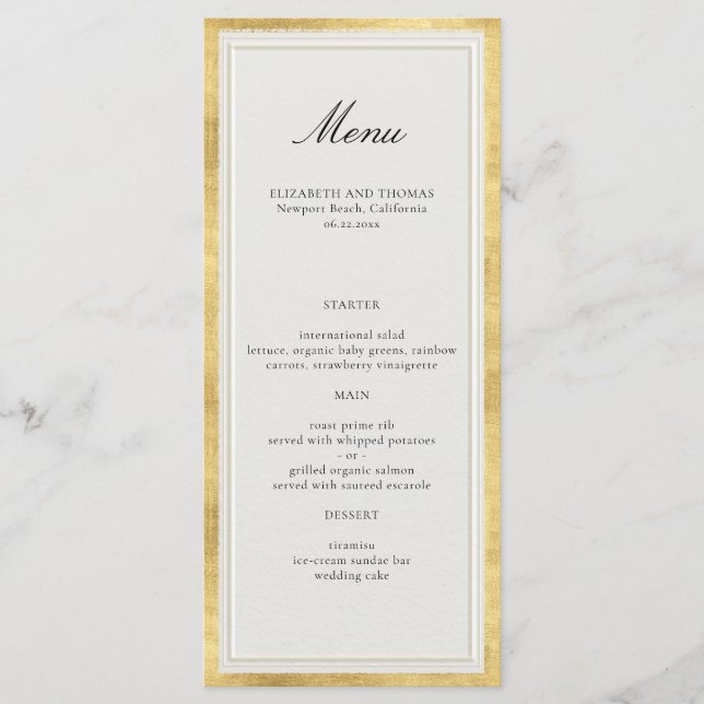 Formal Modern Classic Faux Gold Ecru Wedding Menu (Front)