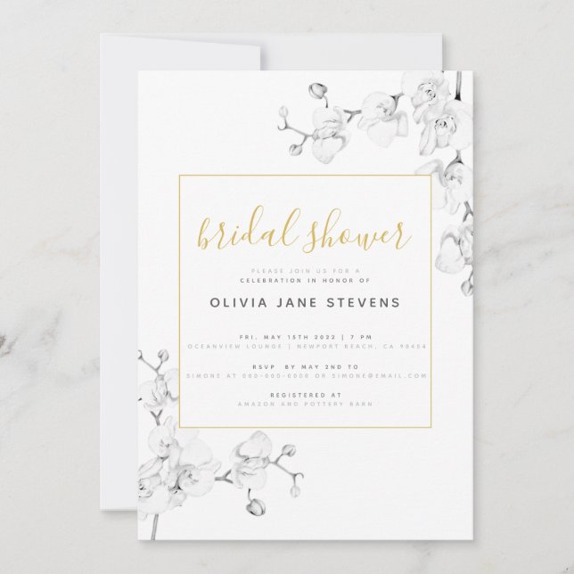 Formal Modern Classic Ivory Orchids Bridal Shower Invitation (Front)