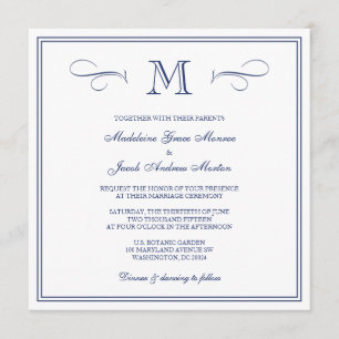 Formal Monogram Dark Blue Wedding Invitation