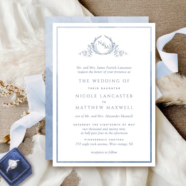 Formal Monogram Dusty Blue Watercolor Wedding Invitation (Creator Uploaded)