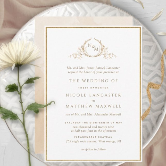 Formal Monogram Gold and Beige Watercolor Wedding Invitation (Creator Uploaded)