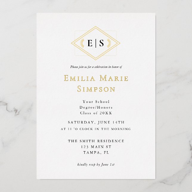 Formal Monogram Graduation Foil Invitation (Front)