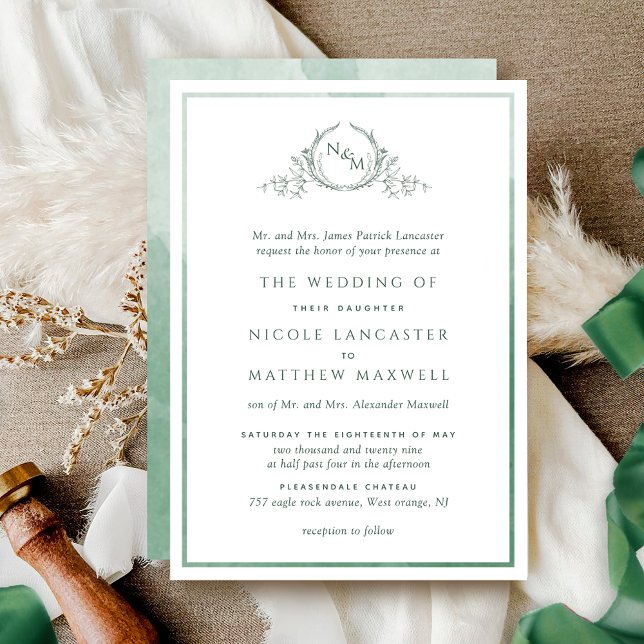 Formal Monogram Green Watercolor Wedding Invitation (Creator Uploaded)