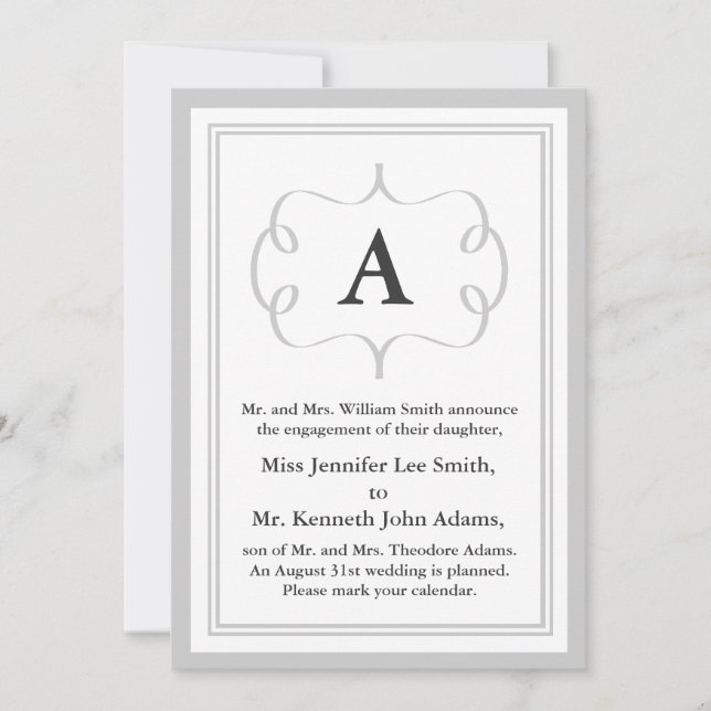 Formal Monogram Invitation in Grey (Front)