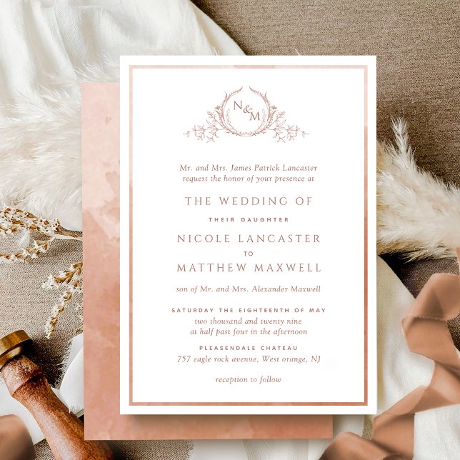 Formal Monogram Terracotta Watercolor Wedding Invitation (Creator Uploaded)
