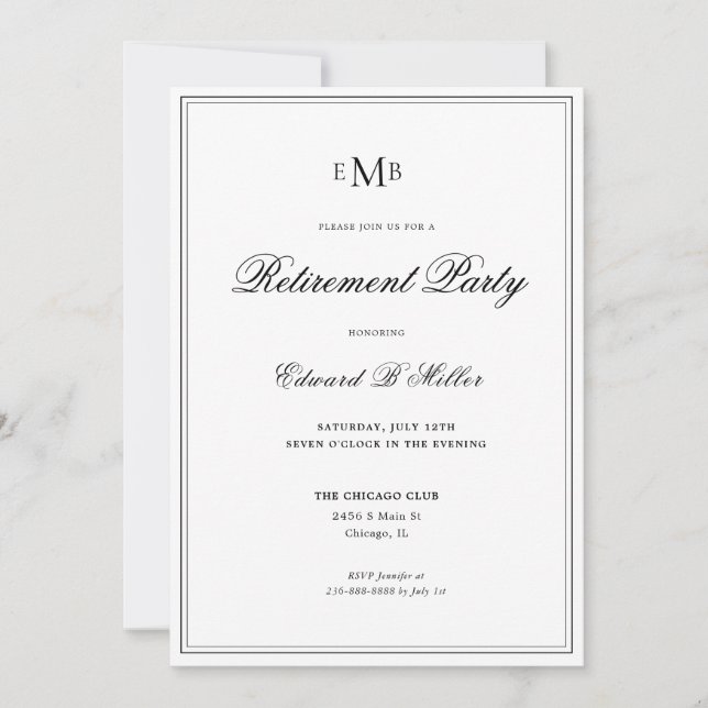 Formal Monogrammed Retirement Party Invitation (Front)