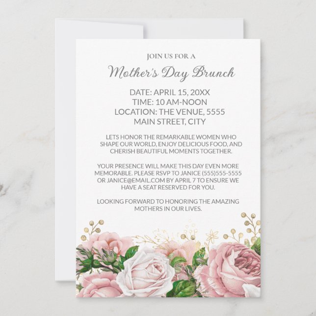 Formal Mother's Day Brunch Pink Floral  Invitation (Front)