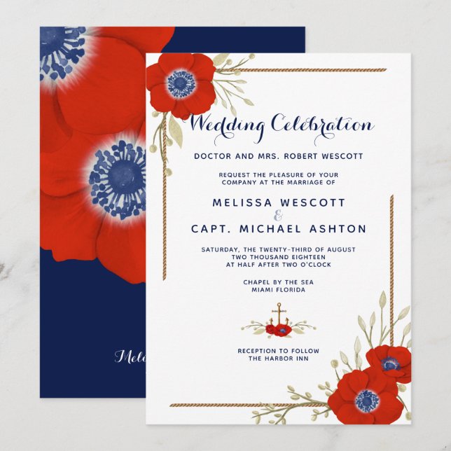 Formal Nautical Red, White, & Blue Anemone Wedding Invitation (Front/Back)